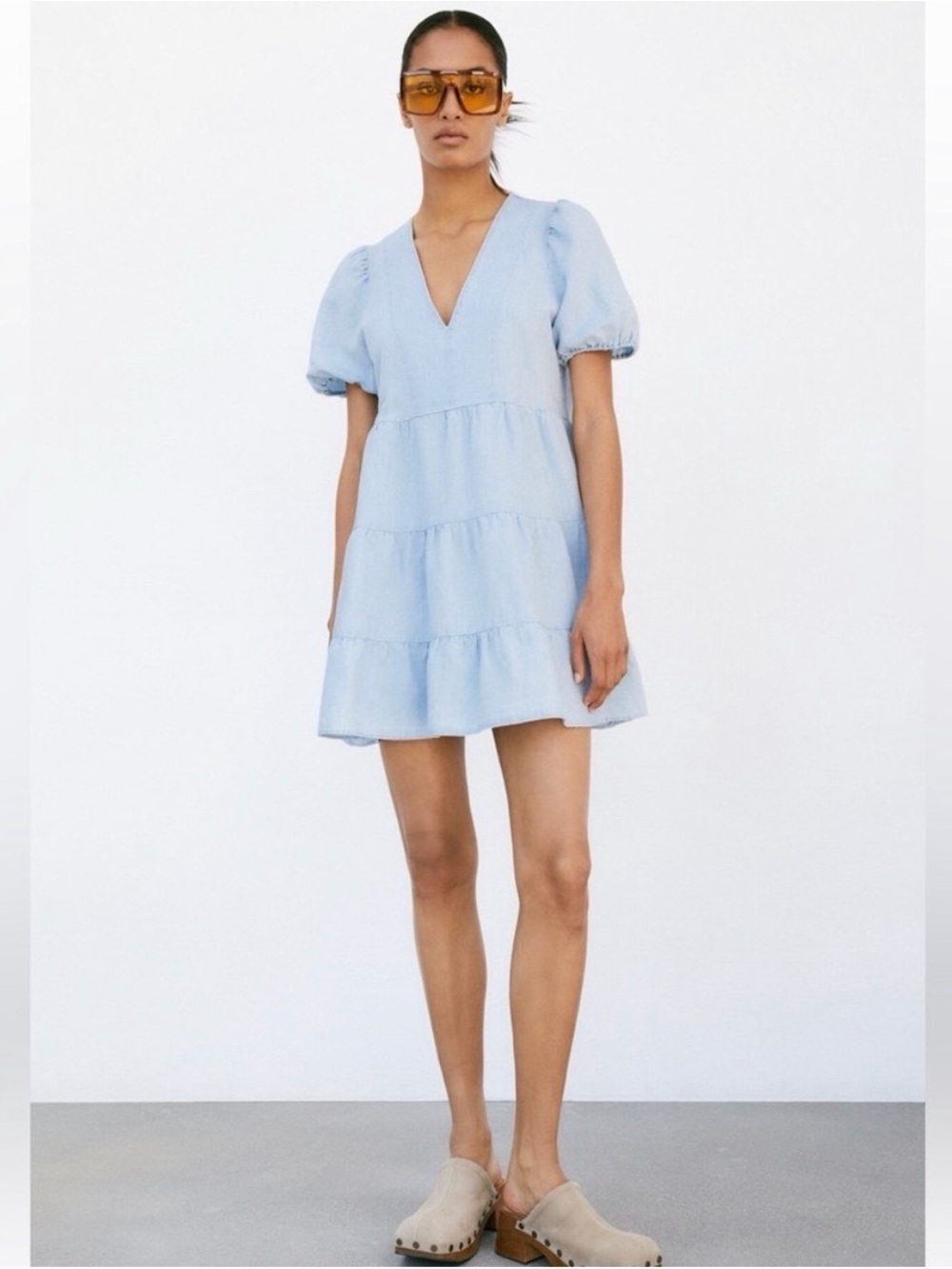Zara Light Blue V-Neck Puff Sleeve Tiered Mini Dress